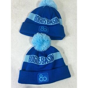 Bogus Basin Ski Resort Pom Pom Beanie Hat Set Blue Knit Winter Cap 2 Pack